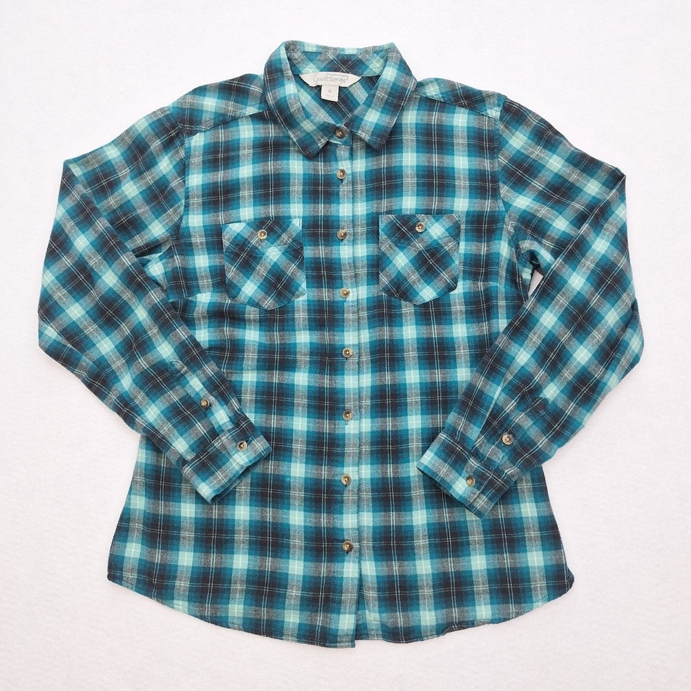 Gander Mountain Guide Series Shirt Womens Medium Teal Plaid Flannel Button Up